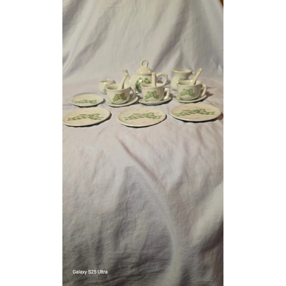 Miniature Porcelain Tea Set Green Gingham Bow Pink Rose Floral 17pc Collection